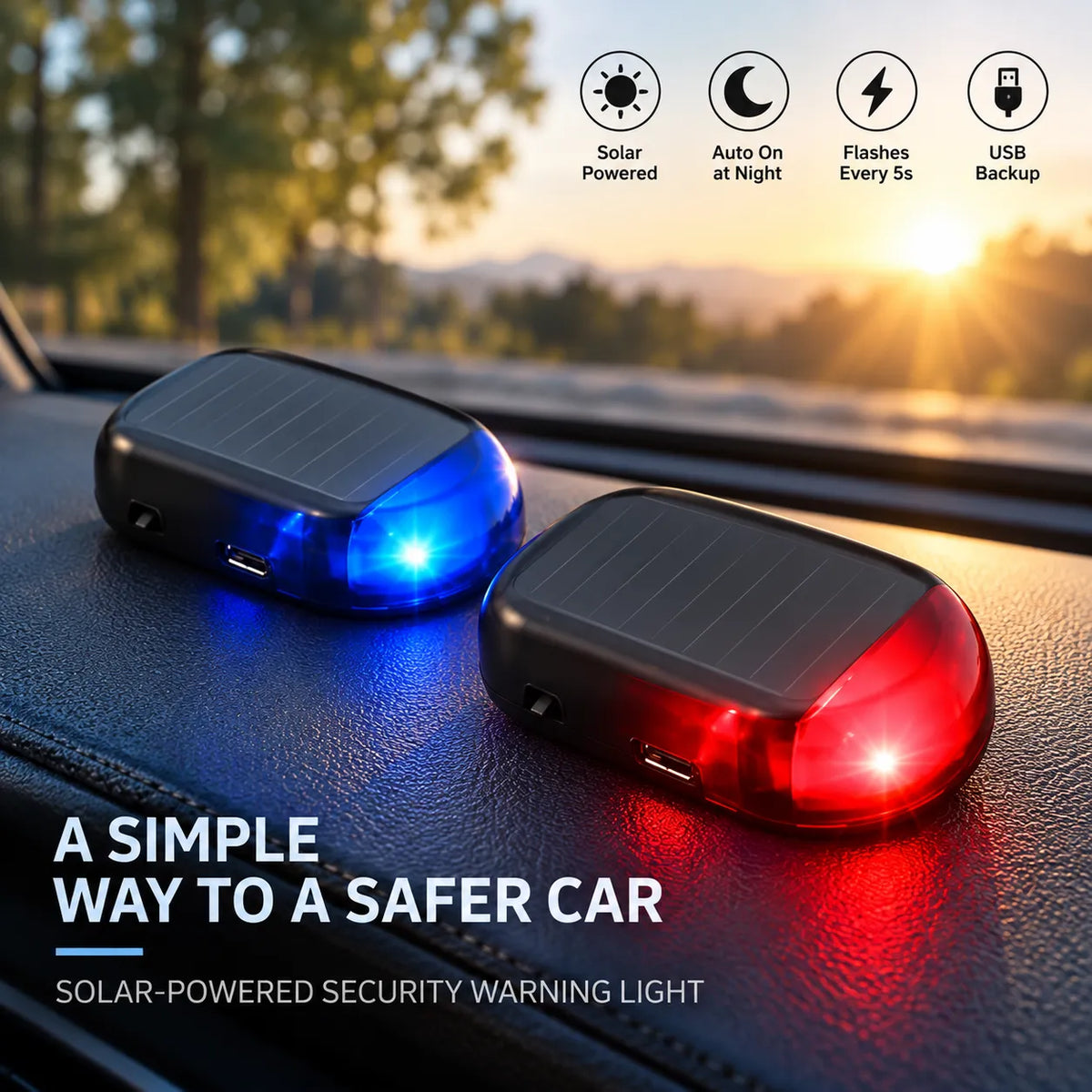 🚗 Solar Car Security Warning Light – Auto-Sensing 5-Second Flash LED with USB Backup Charging