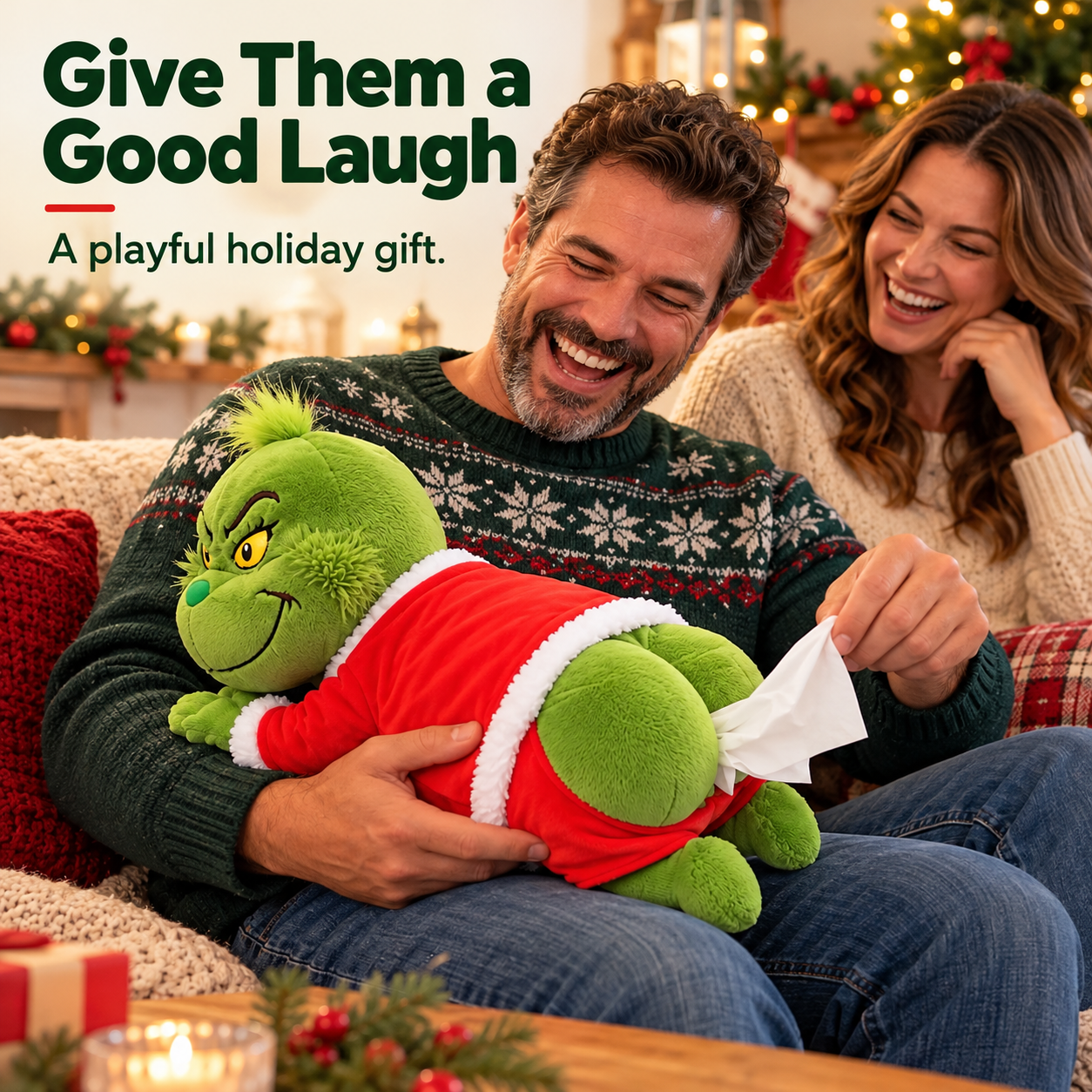 Funny green holiday tissue cover shown as a playful Christmas gift