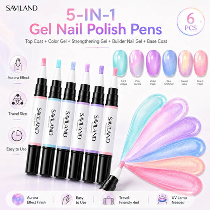 5-in-1 Gel Nail Polish Pen, Aurora Effect Gel Nail Pen with Base Color Top Coat in One, Easy Apply UV/LED Curing Nail Polish Pen
