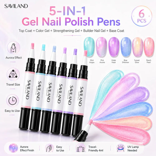 5-in-1 Gel Nail Polish Pen, Aurora Effect Gel Nail Pen with Base Color Top Coat in One, Easy Apply UV/LED Curing Nail Polish Pen