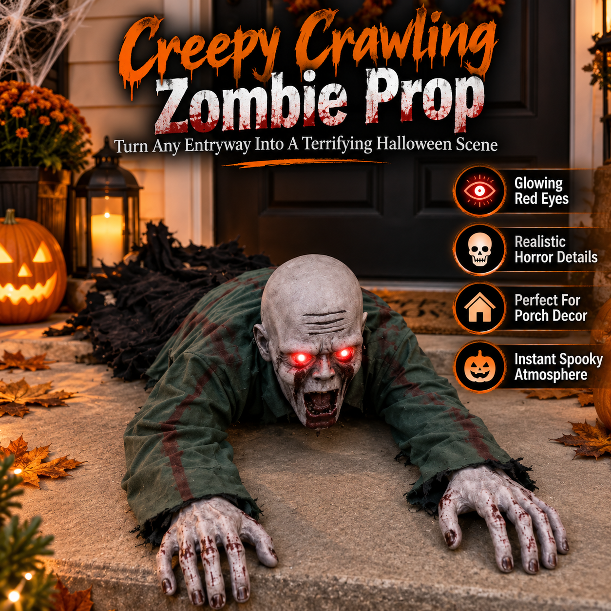 🔥 Crawling Zombie™ Halloween Porch Prop – Glowing Red Eyes & Realistic Horror Decor