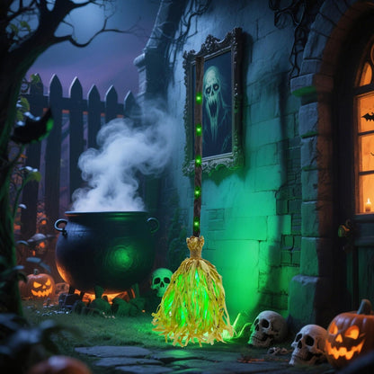 Animated Dancing Witch Broom with Green LEDs & Spooky Laughter