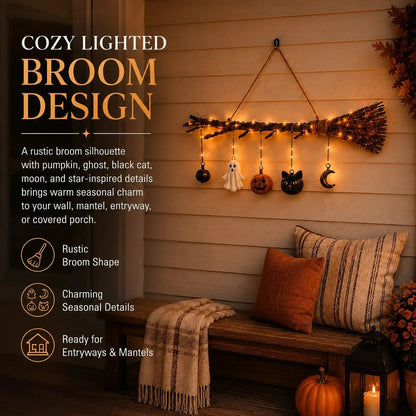 🍂 Rustic Twig Lighted Broom | Handcrafted Fall Wall Hanging with Warm LED Glow & Spooky-Cute Charms 🏡