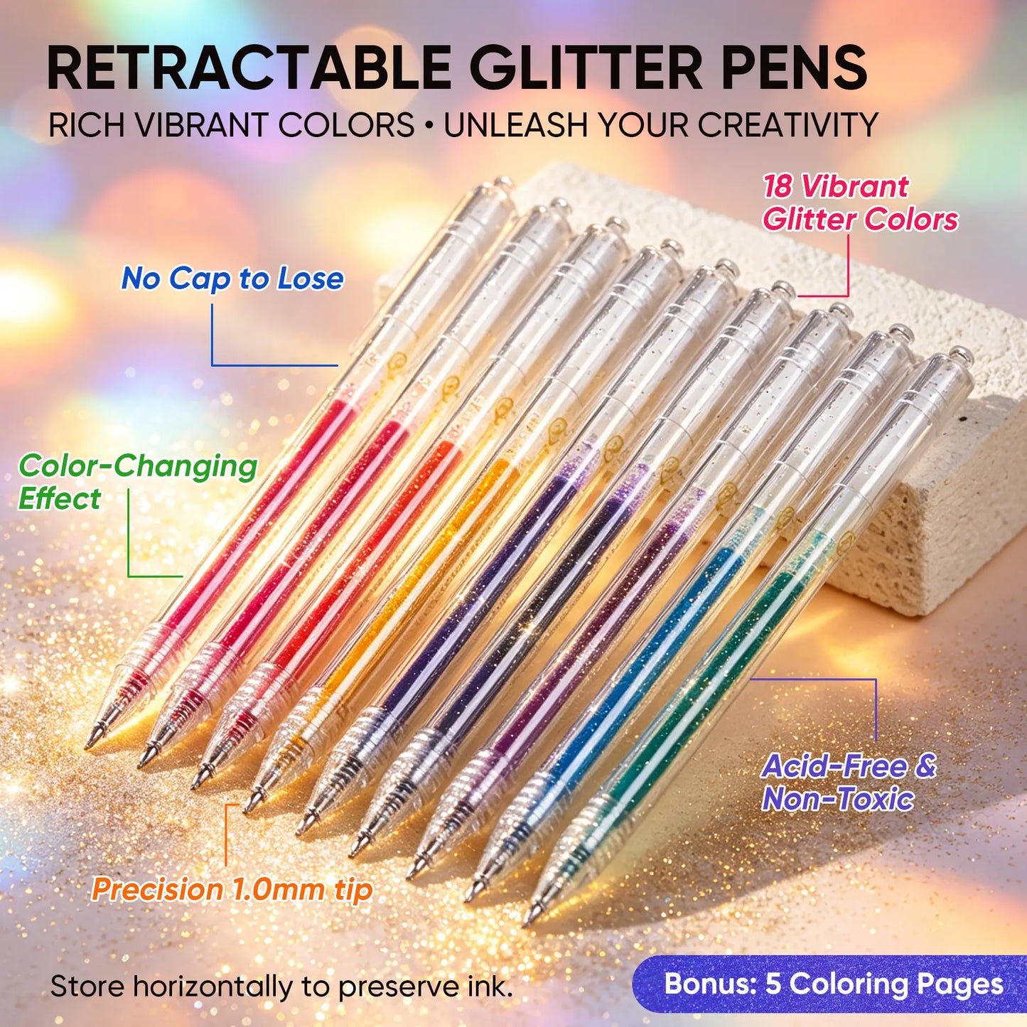 🔥Hot Selling Retractable Glitter Sparkle Gel Pens 1.0mm Fine Tip, Large Capacity Gel Pen Set for Art Journal & Hand Lettering
