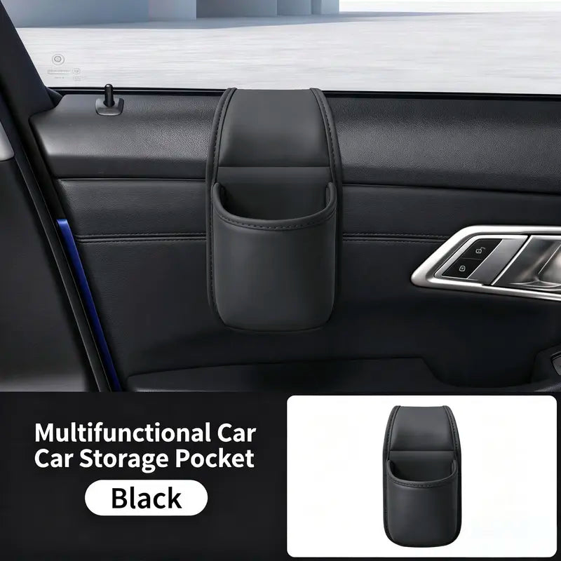 Leather car door storage pocket - double-layer compartments, scratch-proof flannel lining, residue-free adhesive