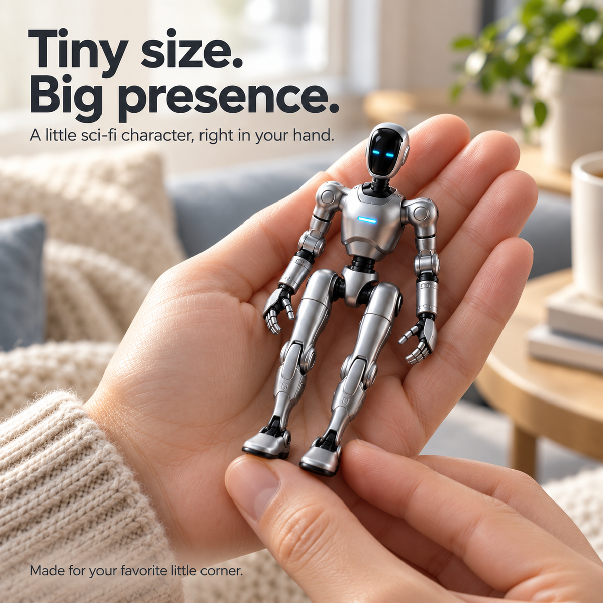 🤖✨ Mini Silver Robot Figure – Poseable Sci-Fi Collectible with Glowing Blue LED Eyes & Chest Light | Futuristic Desk Decor & Gift 🎁