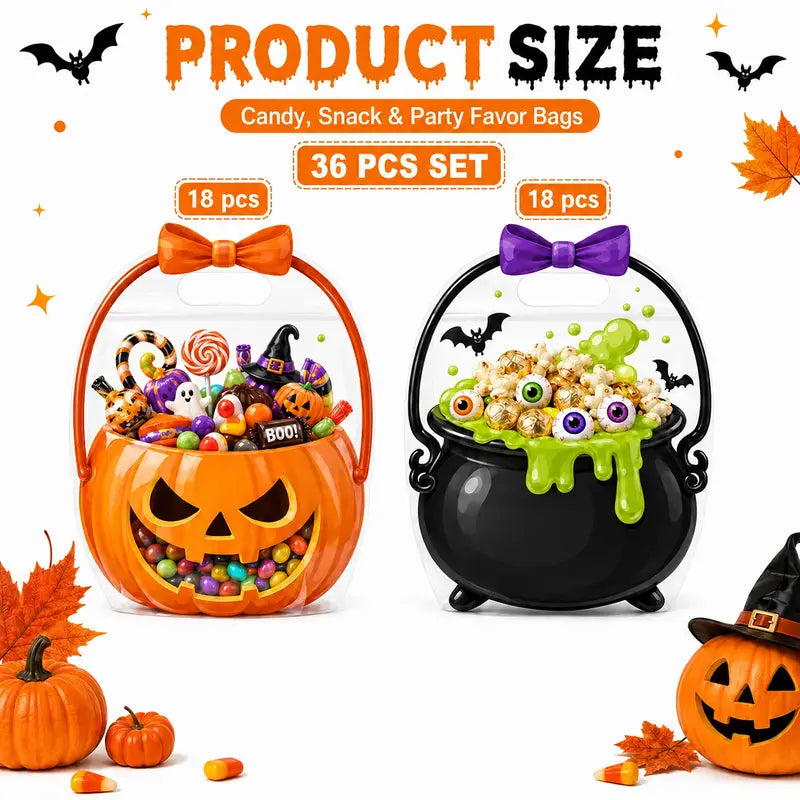 Halloween Goodie Bags Plastic Candy Bag Trick or Treat Bags with Cauldron Skeleton black Cat Skull Pumpkin Design