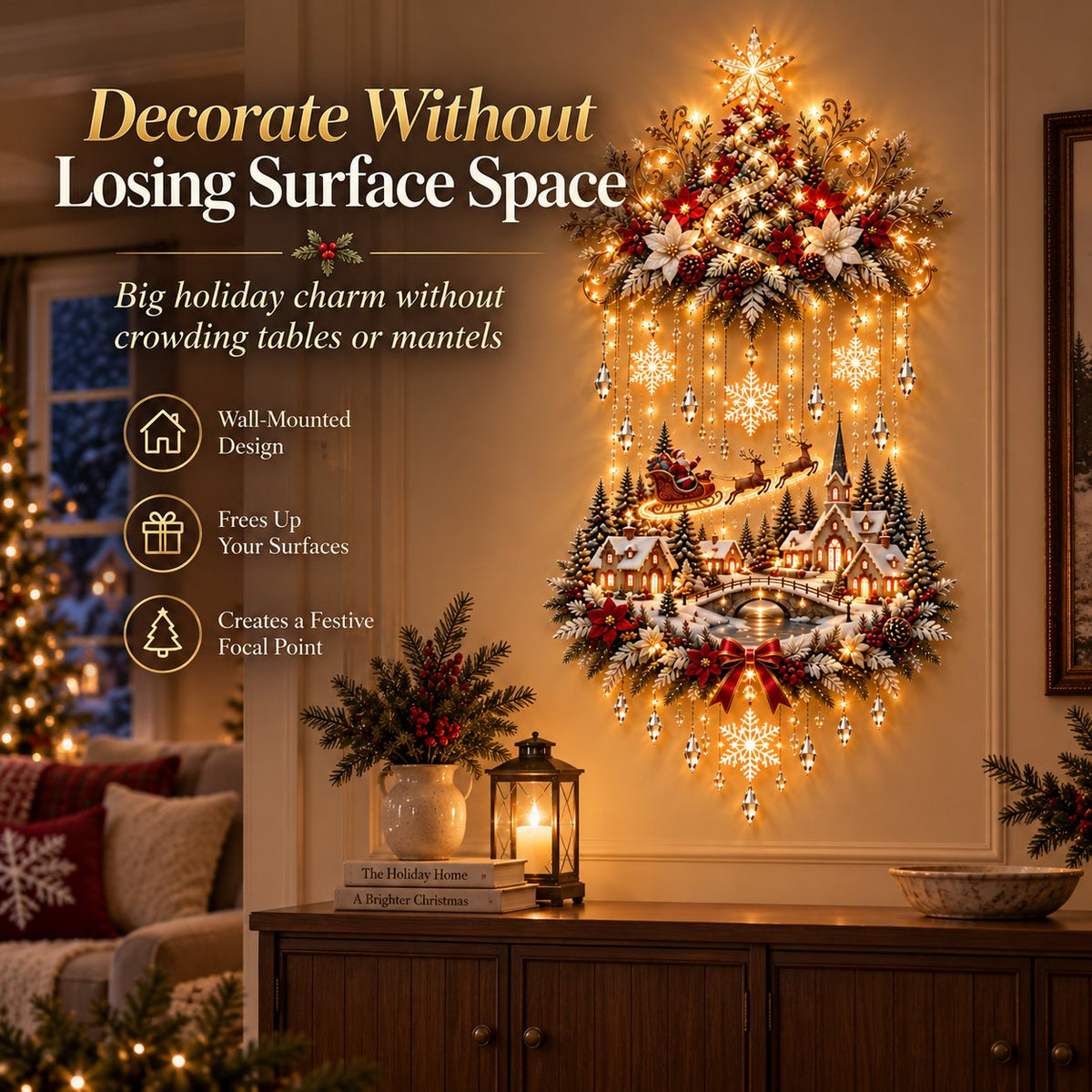 🎉🎄 Illuminated Christmas Tree & Village Wall Hanging | Cascading Warm Lights for Living Rooms, Entryways & Staircases ✨63CM