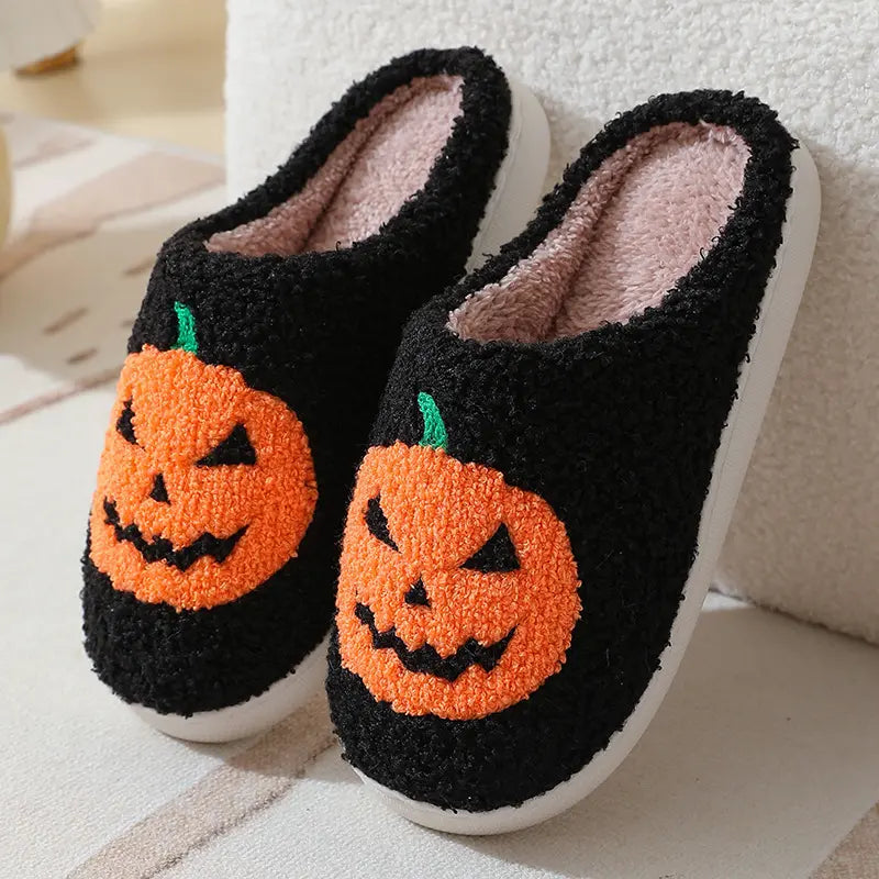 Women Men Comfy Faux Fur Lined Skull Pumpkin Plush Slippers