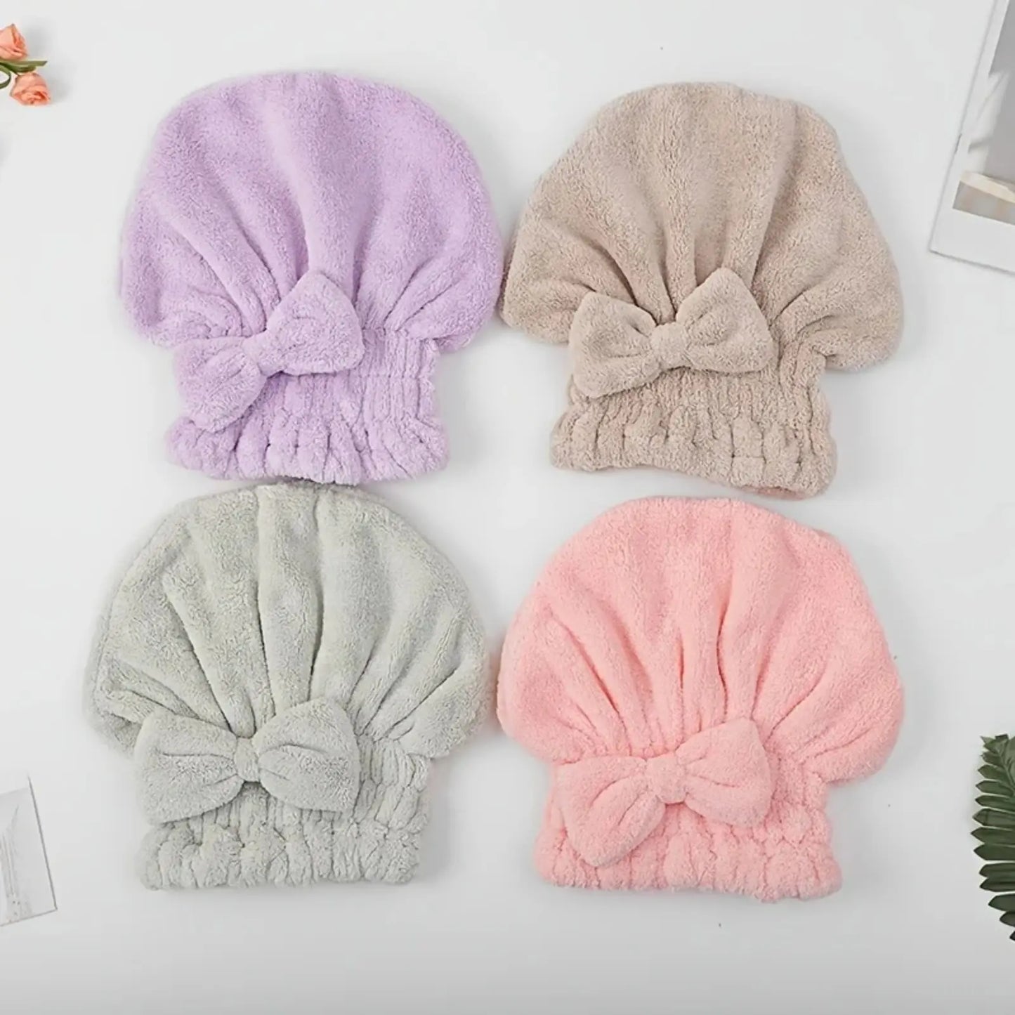 Women's Bow Decor Shower Caps & Hair Drying Cap Set, Soft Ultra-Absorbent Reusable Hair Towel Wrap, Camping & Bathroom Essential (Sports & Outdoor)