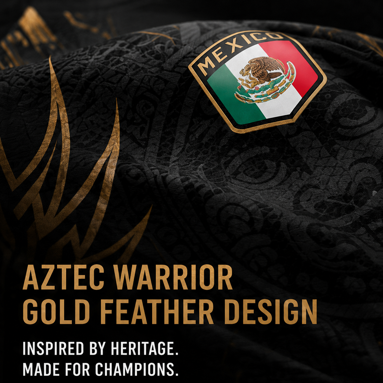 Mexico Soccer Jersey Black Aztec Warrior Gold Feather Design