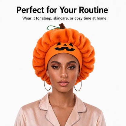 🎃 Pumpkin Sleep Bonnet – Fluffy Jack-O’-Lantern Hair Cap for Cozy Nights, Skincare & Halloween Fun