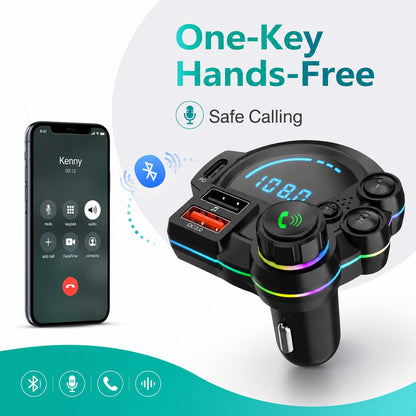 🚗 Bluetooth 5.3 Car FM Transmitter | PD30W+QC3.0 3-Port Fast Charger, RGB Ambient Light for All Vehicles!🎵