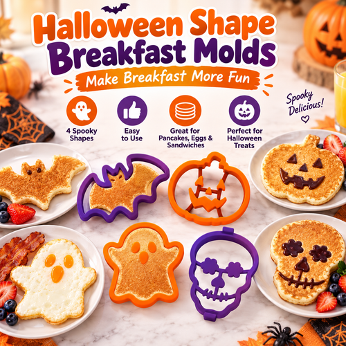 🎃 4-Piece Halloween Pancake Mold Set – Ghost, Bat, Pumpkin & Skull Silicone Breakfast Shapers