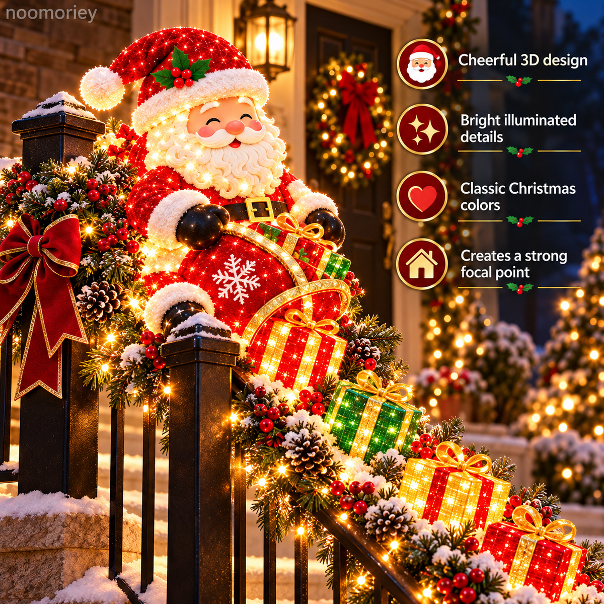 🎅 Illuminated Santa Staircase Railing Christmas Display with Glowing Gift Lights