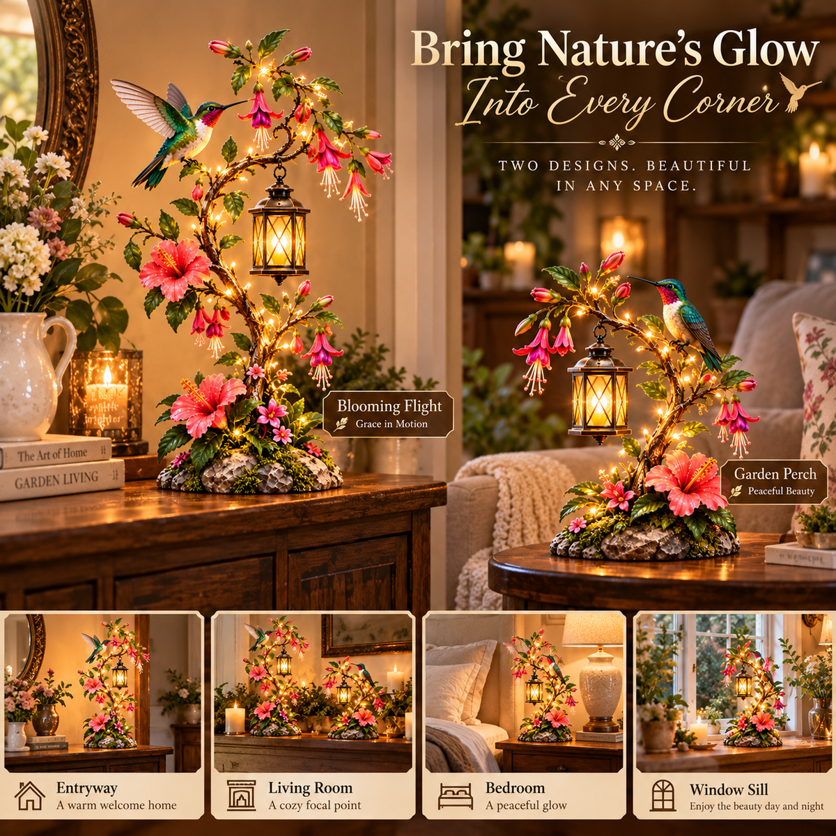 ⏰Limited Stock 50% OFF - 🌺 Hummingbird Garden Lantern Light | Lighted Floral Table Decor
