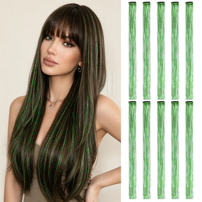 2 PCS Colored Hair Extensions 20Inch Straight Color Clip in Hair Extension Rainbow Party Highlights Synthetic Hairpiece