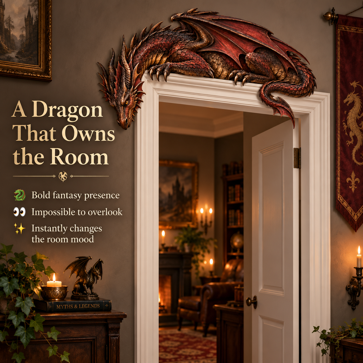 ⏳ Last Day 50% OFF – 🐉🔥 Sleeping Dragon Door Topper | Medieval Fantasy Dragon Guardian Wall Décor for Doorway, Gaming Room & Gothic Home 🏰✨