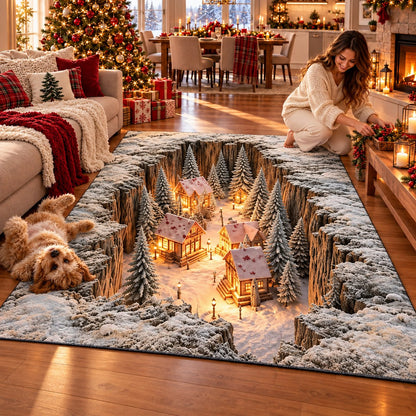 🎄 3D Optical Illusion Christmas Rug – Bring a Hidden Winter Village to Your Floor ✨