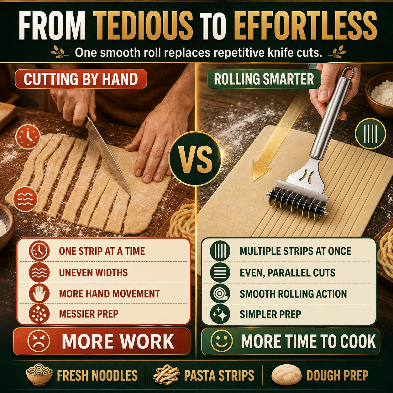 🍝 Stainless Steel 9-Wheel Adjustable Pasta Cutter – Fast & Even Homemade Noodles ✨