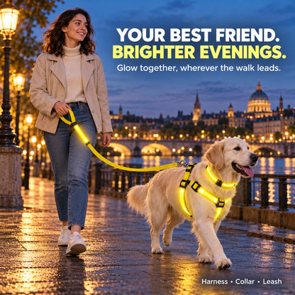 🐕 3-Piece Rechargeable LED Dog Walking Kit ✨ Light-Up Harness, Collar & Leash for Safer Night Walks！！！