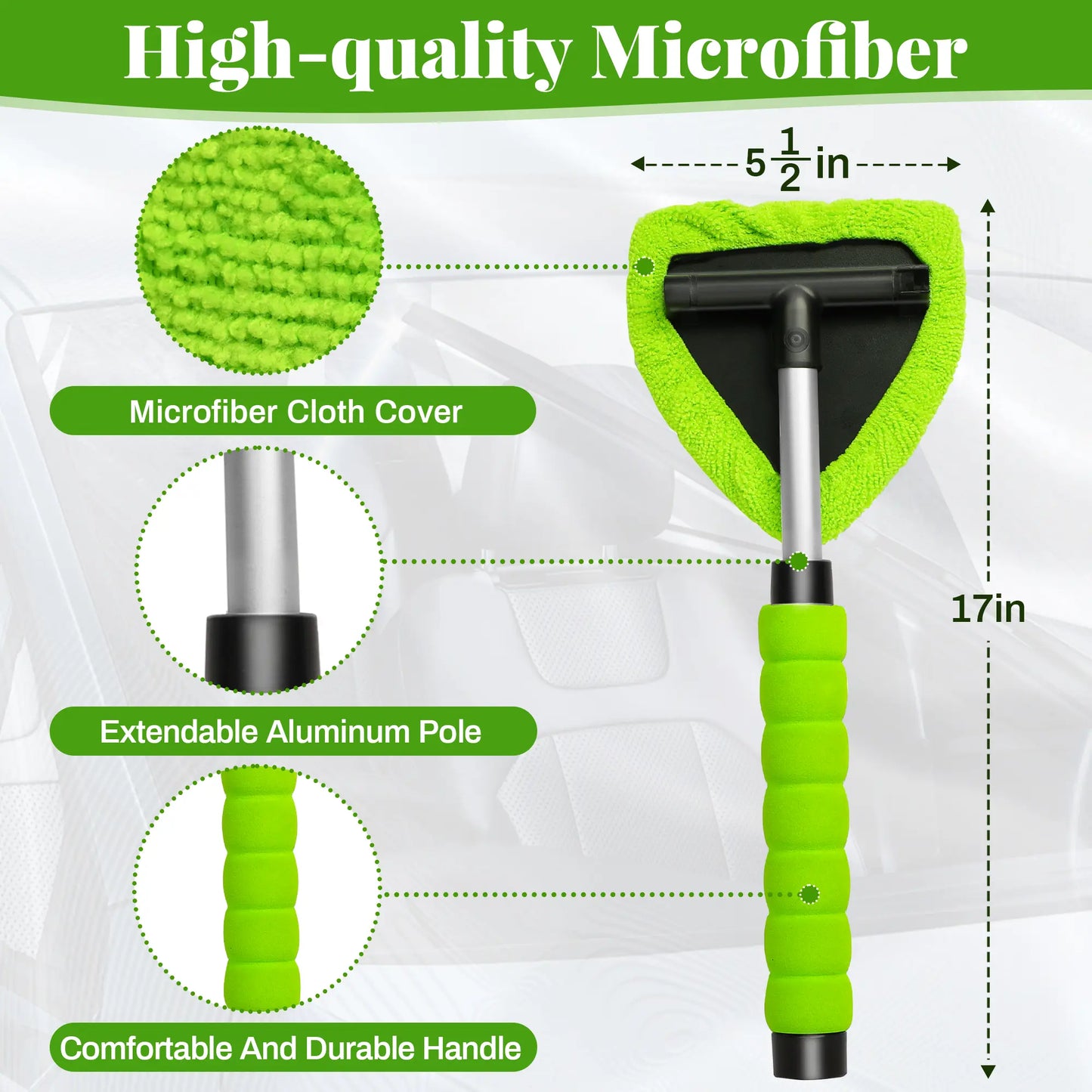 Windshield Cleaning Tool, Microfiber Car Window Cleaner with 4 Reusable and Washable Microfiber Pads and Extendable Handle
