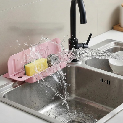 Sink Splash Guard in Kitchen with Drain Storage Compartment, Suction Cup Plastic Sink Water Shield Panel, L-Shape Water Splash Dam Stop Water Guard for Wash Basin Dining Room Dish Washing
