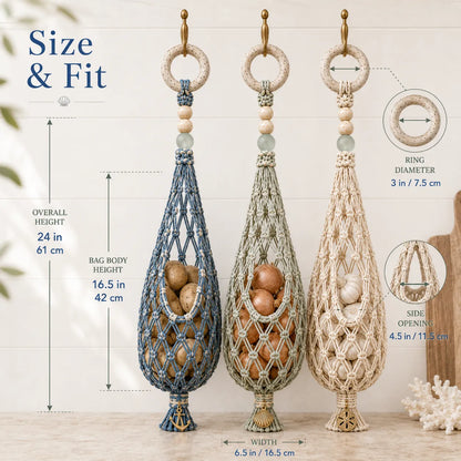 🌊 Coastal Hanging Produce Storage – Handwoven Breathable Organizer with Easy Side Access