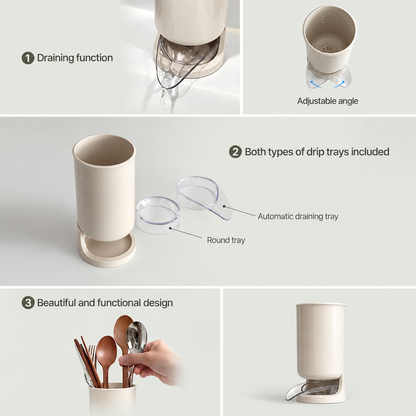 fluidic Utensil Holder - Elegant Cream Beige Color, Hygienic Kitchen Organization with Efficient Drainage System
