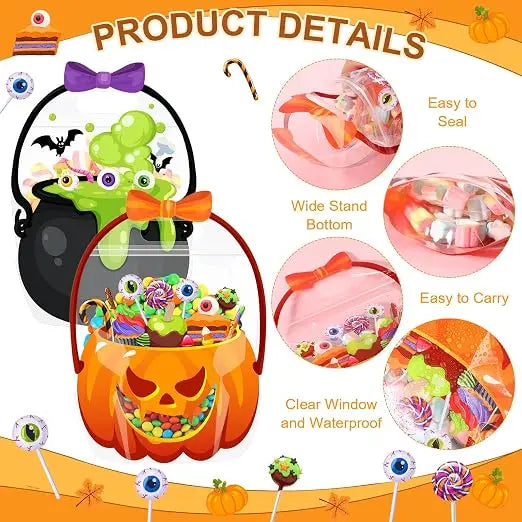 Halloween Goodie Bags Plastic Candy Bag Trick or Treat Bags with Cauldron Skeleton black Cat Skull Pumpkin Design