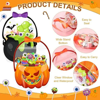 Halloween Goodie Bags Plastic Candy Bag Trick or Treat Bags with Cauldron Skeleton black Cat Skull Pumpkin Design
