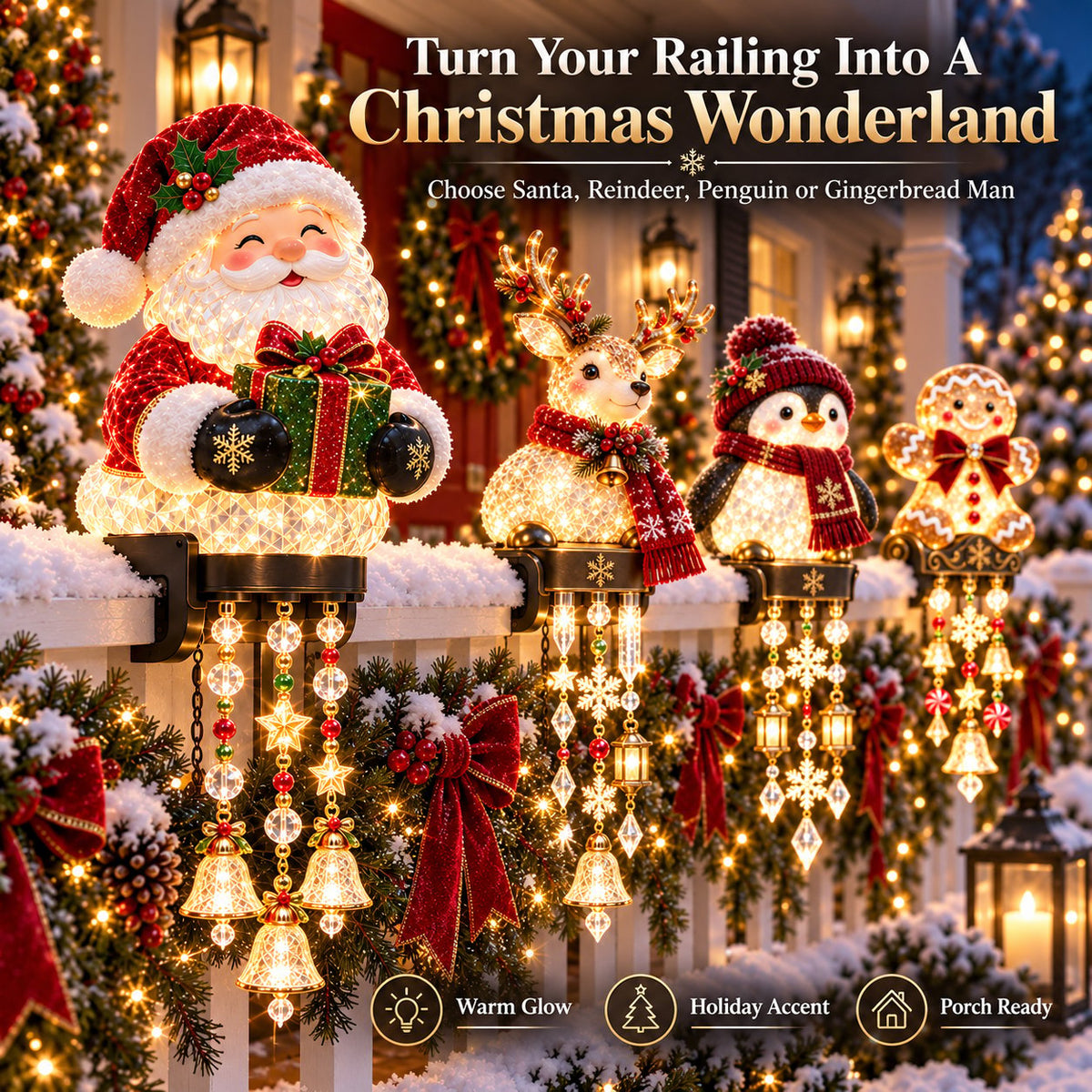 💯🎄 Christmas Porch Railing Lights – 4 Festive Character Designs