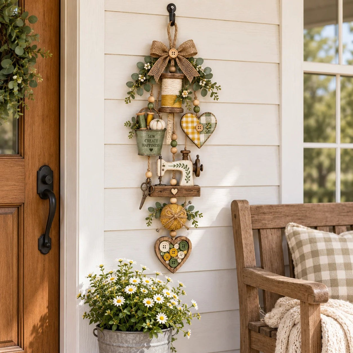 🔥Buy 2 Get 20% OFF🔥🧵✨ Rustic Wooden Sewing - Themed Hanging Ornament with Remote Control Fairy Lights