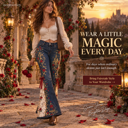 🌹👖 Enchanted Rose – High-Waisted Lace Panel Flare Jeans