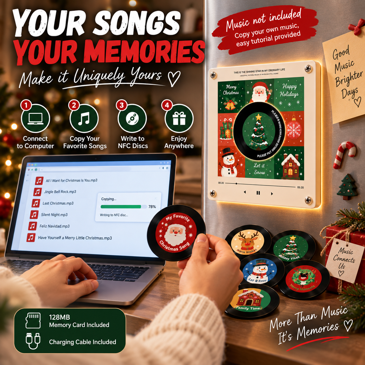 🎄🎵Christmas NFC Music Player – Turn Your Fridge Into a Holiday Jukebox. with 9 Vinyl Style Discs and USB C