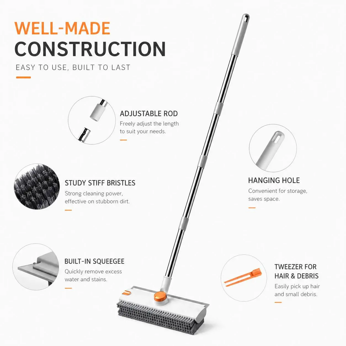 3-in-1 Floor Scrub Bathtub Brush with Long Handle, Double-Sided, Heavy-Duty Stiff Bristles & Squeegee