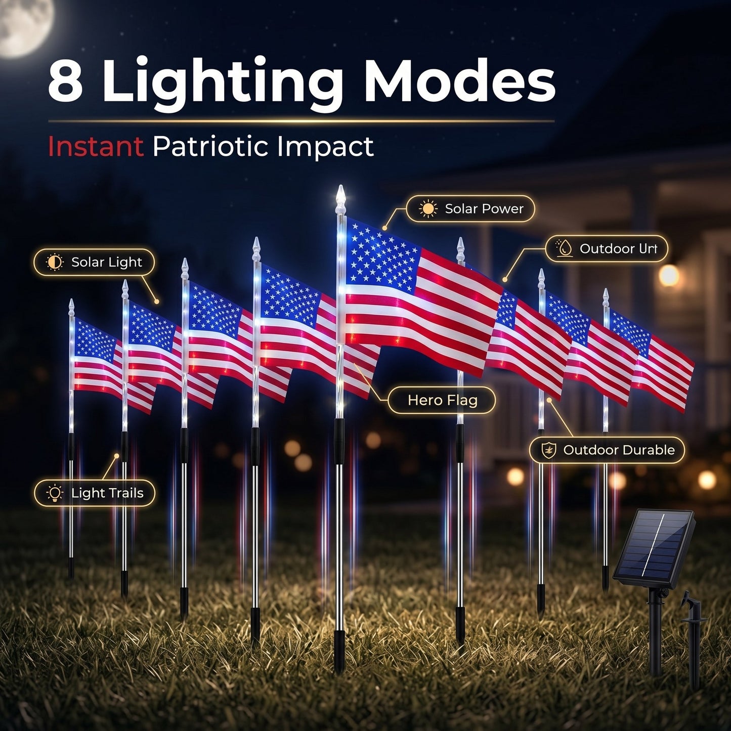 8-in-1 American Flag Solar Lights