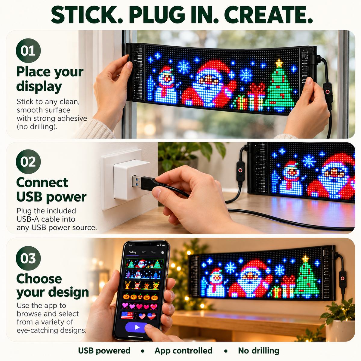 Three-step LED panel setup with adhesive mounting, USB power and app controls