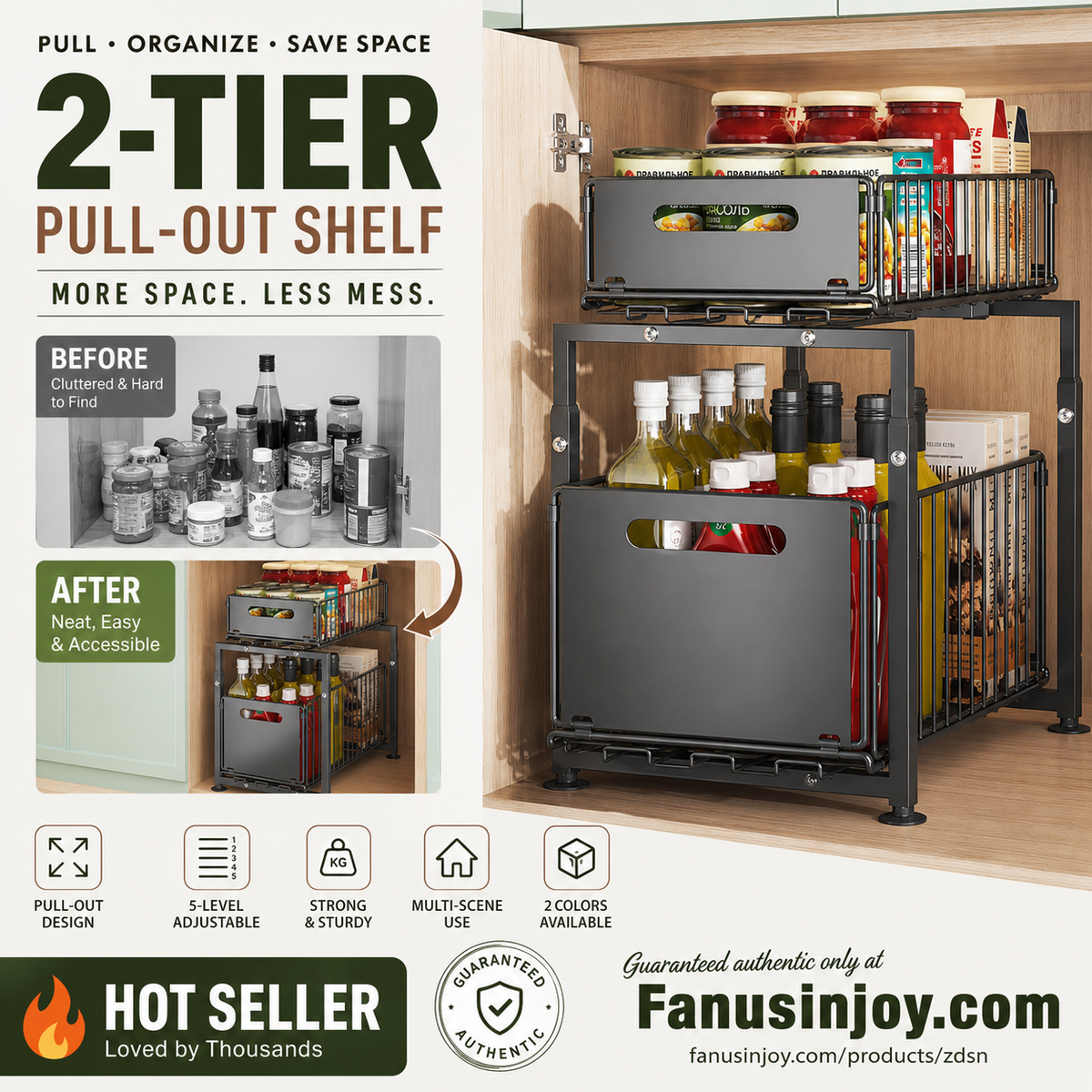 📦50% OFF NOW! 2-Tier Pull-Out Shelf – Expandable Under Sink Organizer, Double Layer Sliding Storage Rack for Kitchen Cabinet Bathroom Pantry