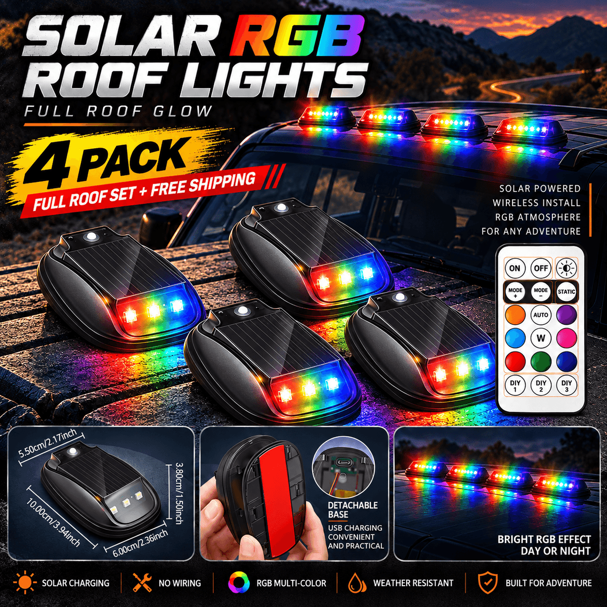 🔆Solar RGB Roof Lights 🌙with Wireless Remote, Waterproof Design & Easy Install
