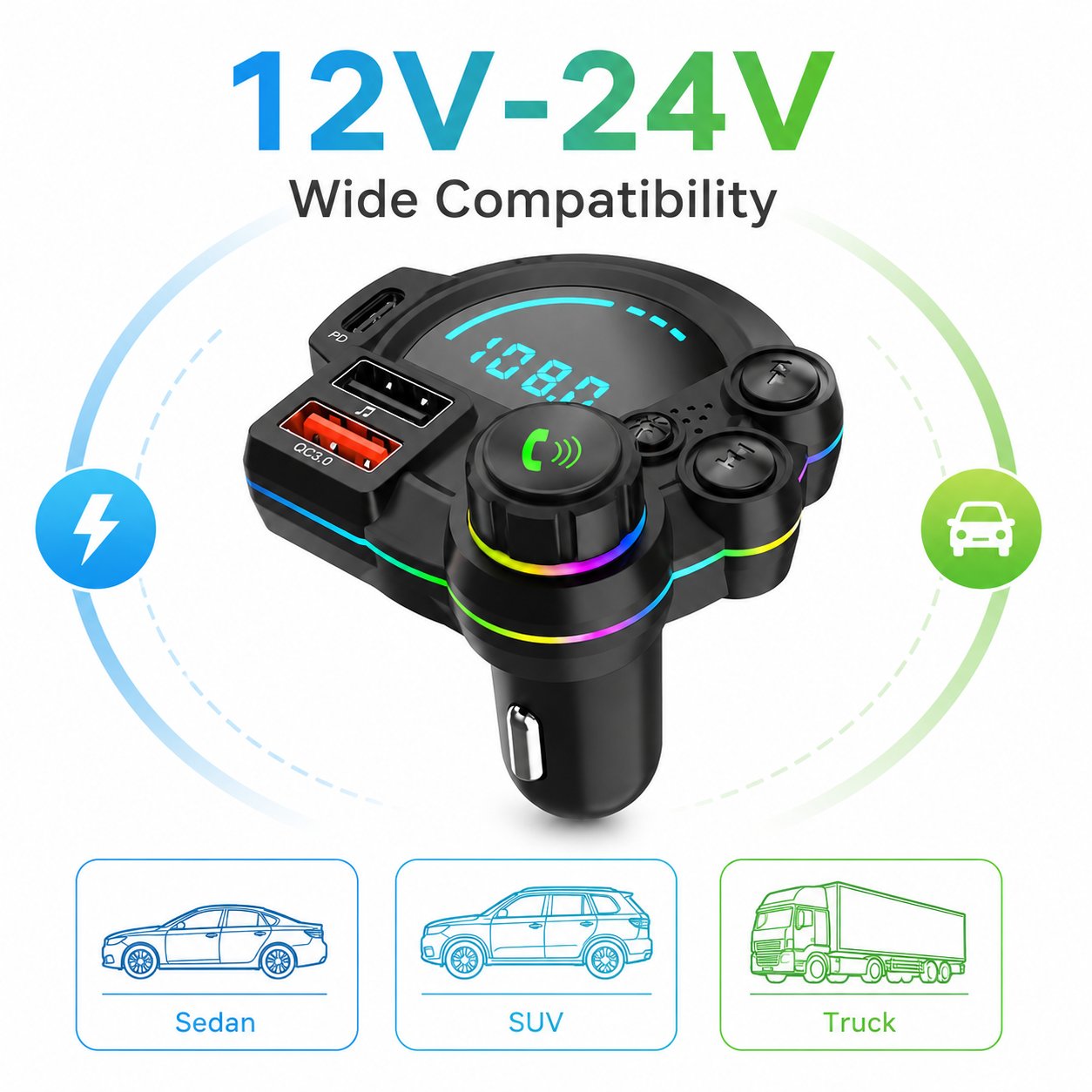 🚗 Bluetooth 5.3 Car FM Transmitter | PD30W+QC3.0 3-Port Fast Charger, RGB Ambient Light for All Vehicles!🎵