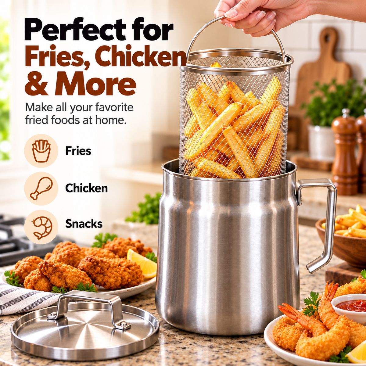 🍟 Stainless Steel Deep Fryer Set with Mesh Basket & Lid