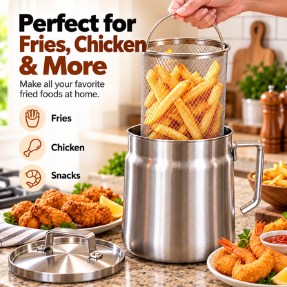 🍟 Stainless Steel Deep Fryer Set with Mesh Basket & Lid