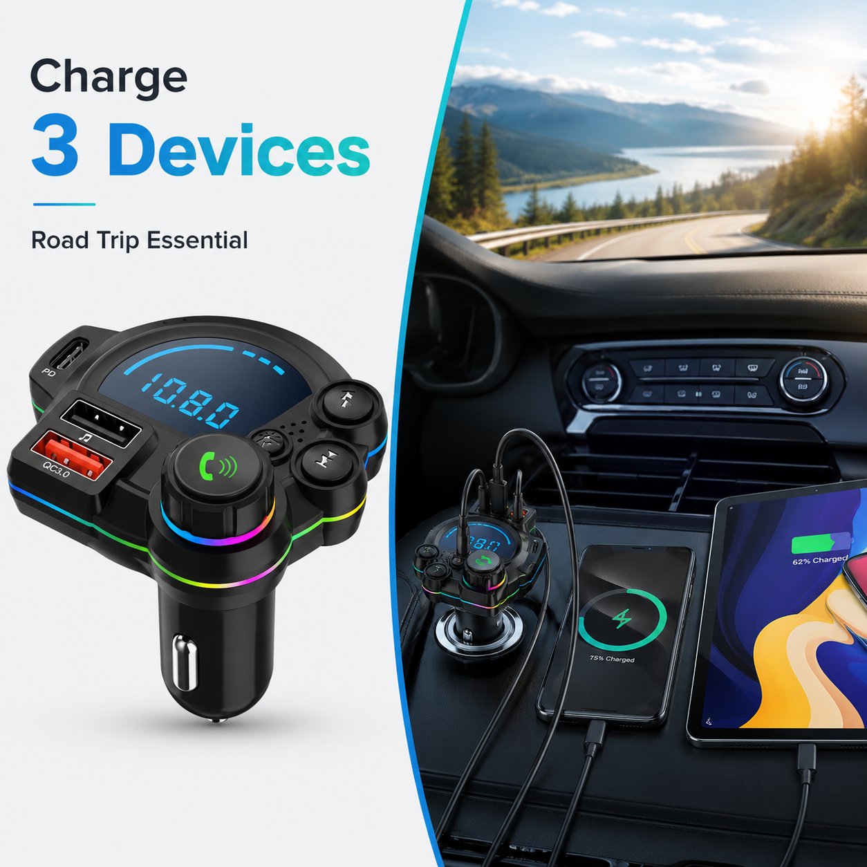 🚗 Bluetooth 5.3 Car FM Transmitter | PD30W+QC3.0 3-Port Fast Charger, RGB Ambient Light for All Vehicles!🎵