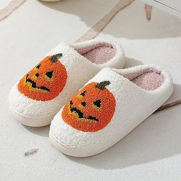 Women Men Comfy Faux Fur Lined Skull Pumpkin Plush Slippers