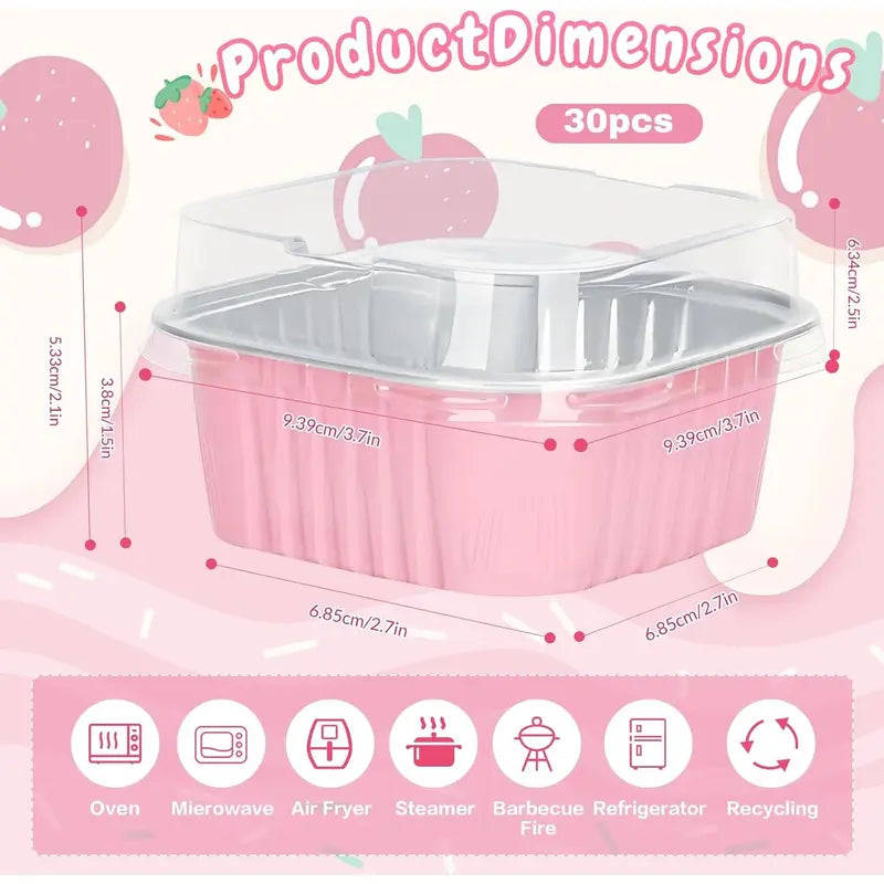 30-Pack Pink Mini Foil Cake Pans with Lids – 5oz Disposable Dessert Cups