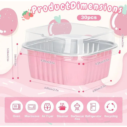 30-Pack Pink Mini Foil Cake Pans with Lids – 5oz Disposable Dessert Cups