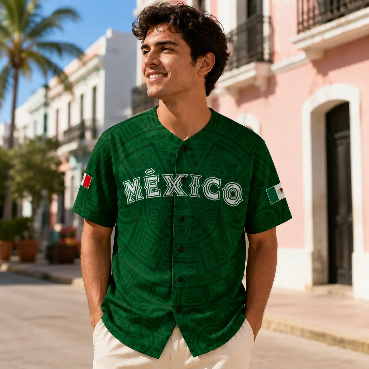 Mexico-Inspired Unisex Baseball Jersey with Aztec Pattern