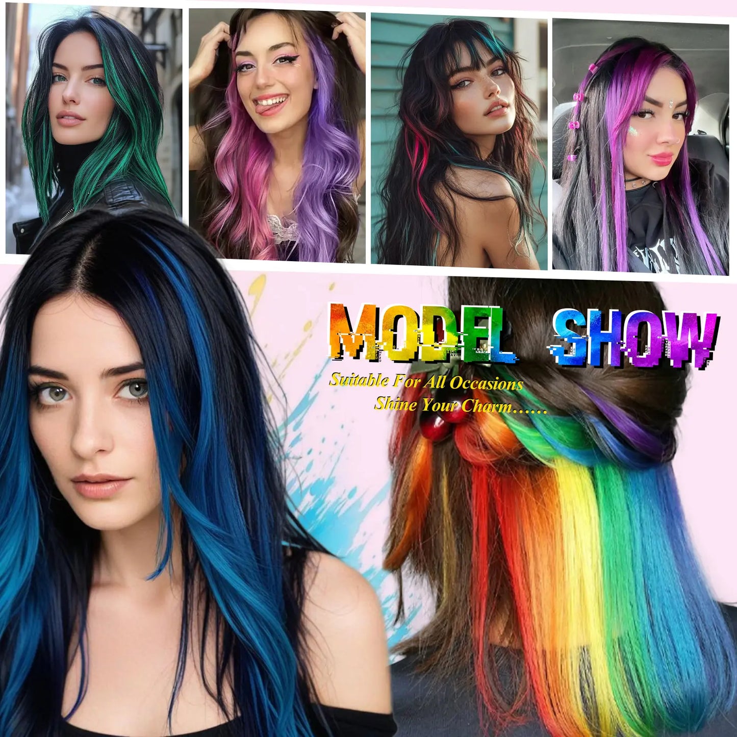 2 PCS Colored Hair Extensions 20Inch Straight Color Clip in Hair Extension Rainbow Party Highlights Synthetic Hairpiece