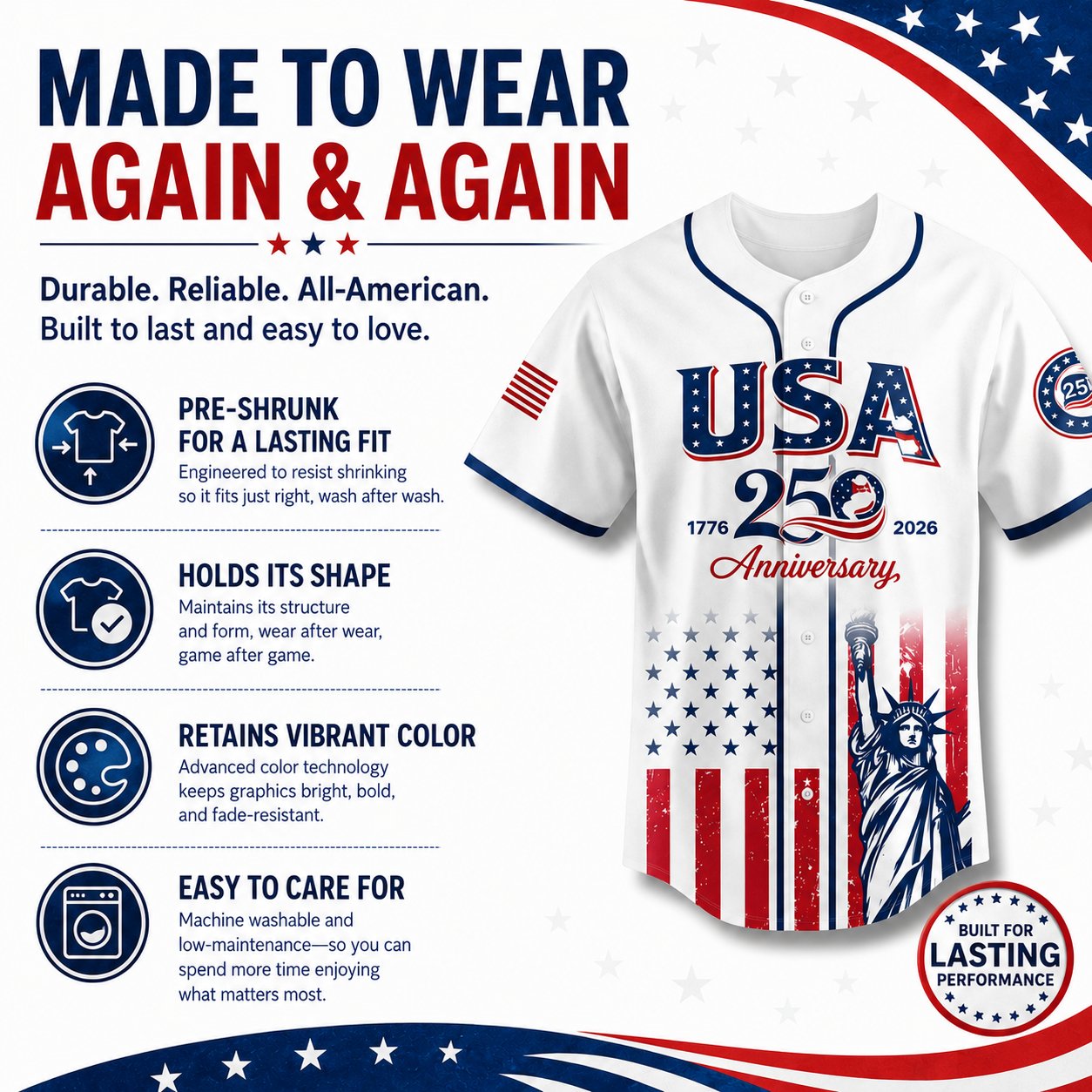 USA 250th Anniversary Baseball Jersey, Patriotic Statue of Liberty Print Shirt, Unisex Independence Day 4th of July Outfit, 1776–2026 Semiquincentennial Patriotic Jersey
